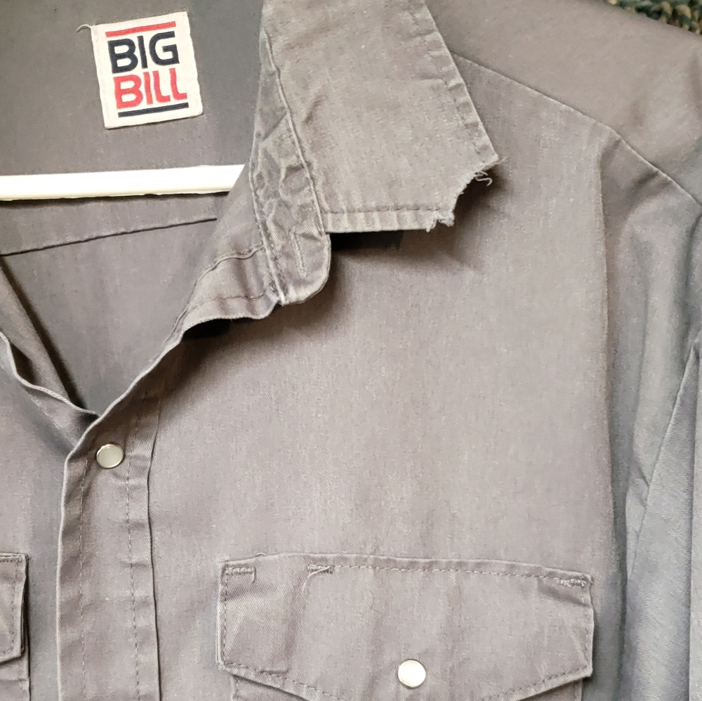 Big Bill Grey Pearl Snap Work Shirt Distressed Grunge Streetwear Blokecore - Picture 6 of 12